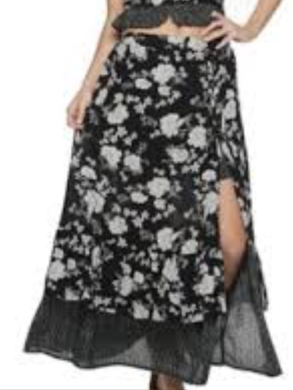 American Rag Mixed Print Maxi Skirt Lace-Up Detail, Black & White Floral, XL